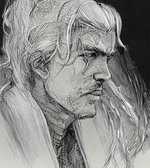 Image similar to portrait of man with blond ponytail hair wearing black robes, pen and ink, intricate line drawings, by craig mullins, ruan jia, kentaro miura, greg rutkowski, loundraw