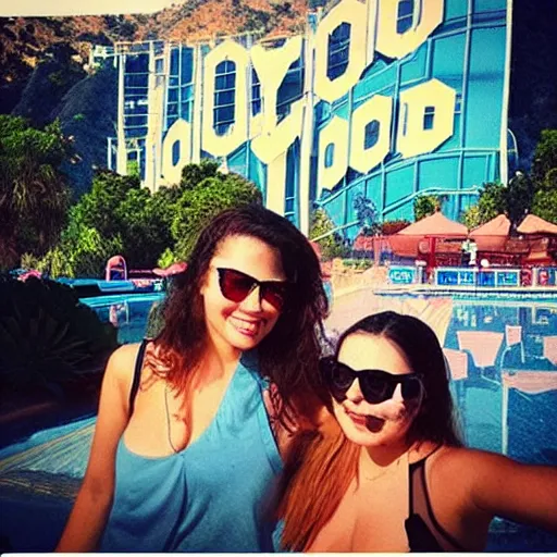 Image similar to “ possums in front of the hollywood sign next to a pool, sunny bright summertime, hollywood vibes ”