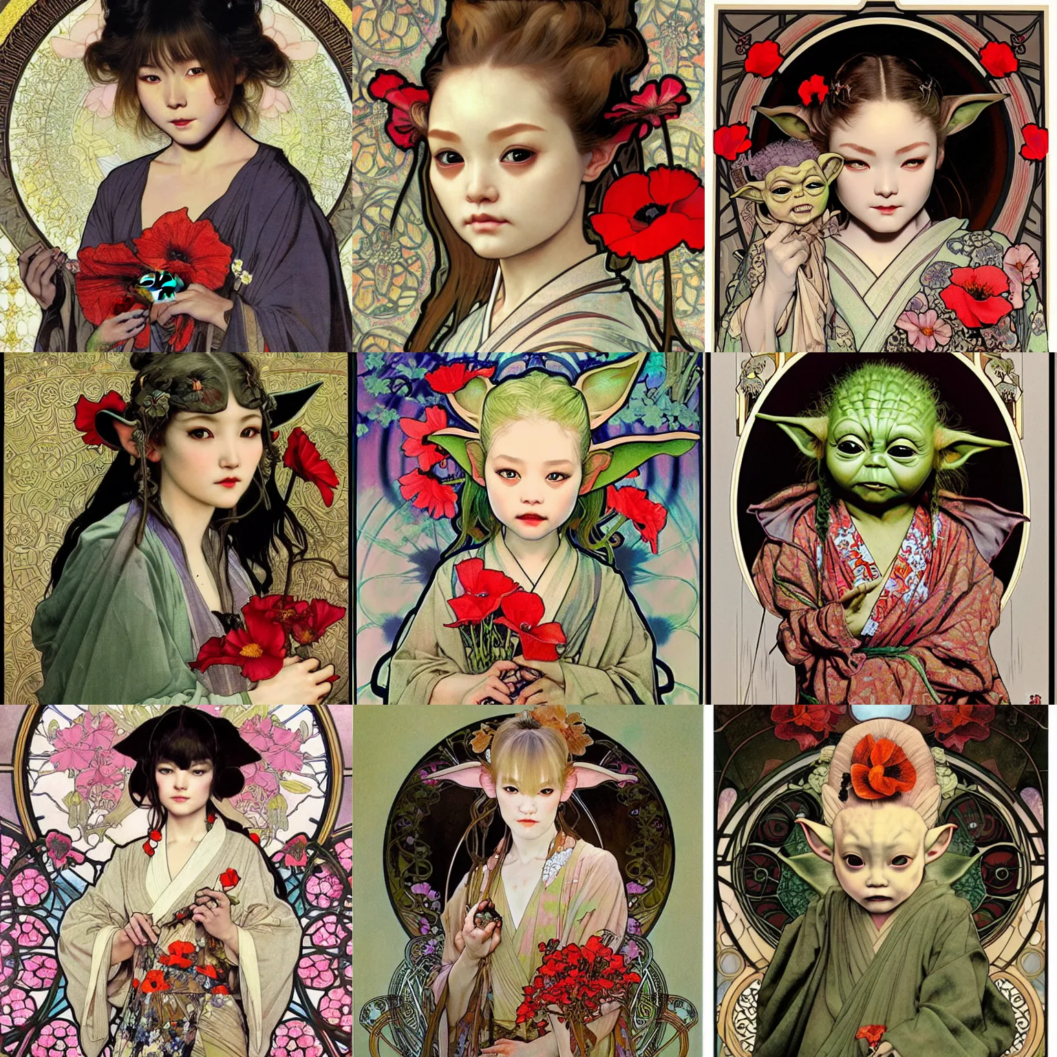 Prompt: realistic detailed face portrait of a beautiful young baby yoda in a beautiful kimono with poppies by alphonse mucha, ayami kojima, amano, greg hildebrandt, and mark brooks, art nouveau, neo - gothic, gothic