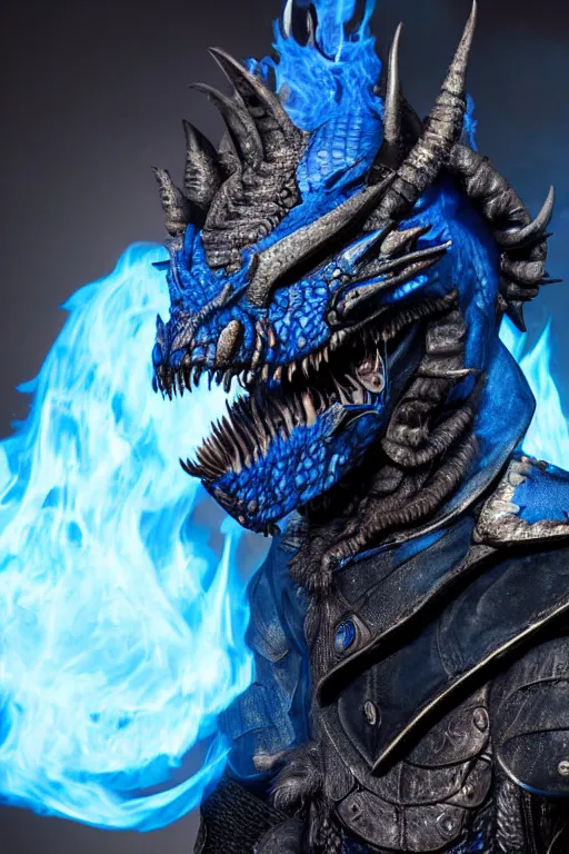 Image similar to a dark blue dragonborn with large tusks, half of his face flaming with blue flame, he wears a black dragon scales armor, studio shot