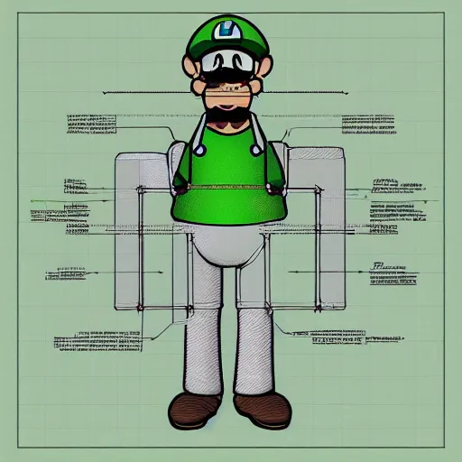 Image similar to exploded diagram of luigi, blueprint