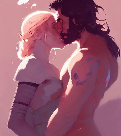 Prompt: portrait of jon kissing dany by atey ghailan, by greg rutkowski, by greg tocchini, by james gilleard, by joe fenton, by kaethe butcher, dynamic lighting, gradient light pink, brown, blonde cream and white color scheme, grunge aesthetic