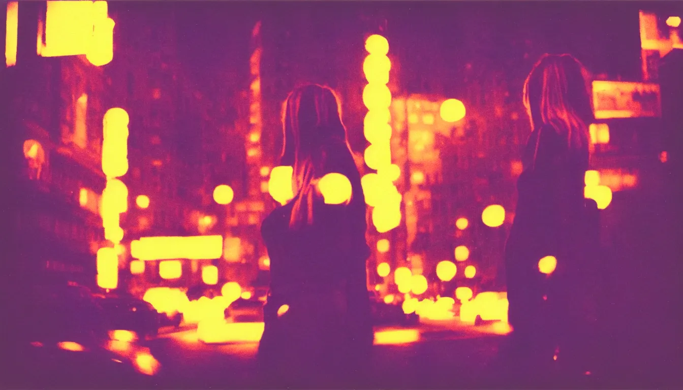 Image similar to colorful instant photograph of beautiful full woman in a city at night, polaroid, light leak, raw, nostalgic