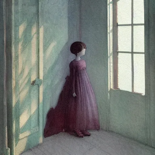 Prompt: close up of a girl in a haunted liminal abandoned room, watercolor by victo ngai, by hammershøi, art noveau, highly detailed, lights by edward hopper, liminal, eerie, bright pastel colors