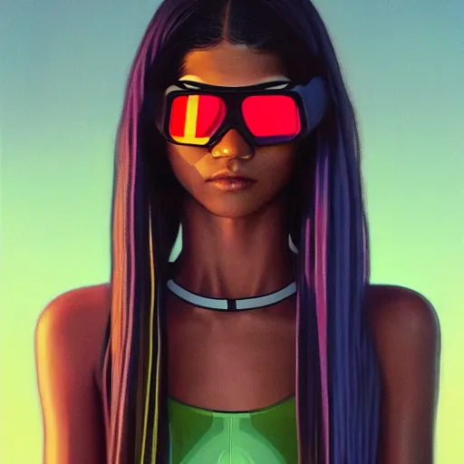 Image similar to zendaya wearing opaque reflective goggles profile picture by Greg Rutkowski, brown skin, very long hair, dune, asymmetrical, futuristic, neon volumetric lights, cool colors, streetwear, studio ghibli, Organic Painting , Matte Painting, geometric shapes, hard edges, street art, trending on the artstation, fantasy LUT, realistic by Sachin Teng + Martin Grip + Moebius, techwear, Industrial Scifi, detailed illustration, character portrait,