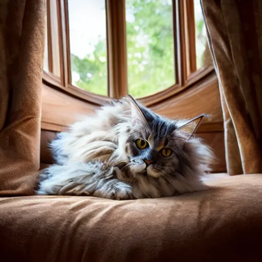 Image similar to portrait cream color maine coon cat curled up, bay window sofa, 8K, 4K, by Antoine Blanchard and Matt Bors, oversaturated lens flair, bokeh, sunbeam