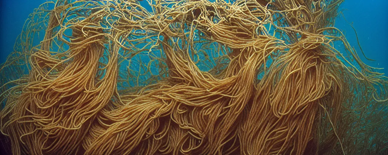 Image similar to spaghetti growing underwater like seaweed, canon 5 0 mm, in the style jacques cousteau, kodachrome