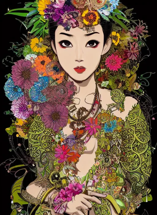 Image similar to !!! very coherent!!! beautiful floralpunk balinese cyborg portrait girl female illustration detailed patterns art of bali traditional dress, flower pop art, floral splash painting, art by geof darrow, ashley wood, alphonse mucha, makoto shinkai, dark shadow, colorful high contrast