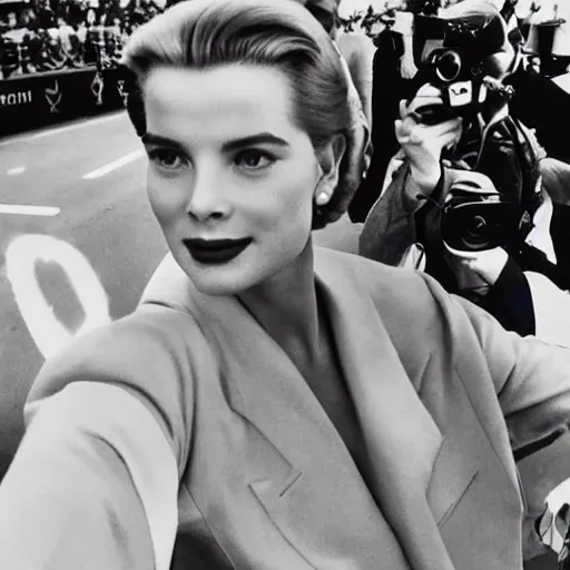 Image similar to selfie smartphone photo of a young Grace Kelly at the Monaco Gran Prix, F1 cars blurred in background, iphone photo, smartphone resolution, trending on instagram, influencer photography