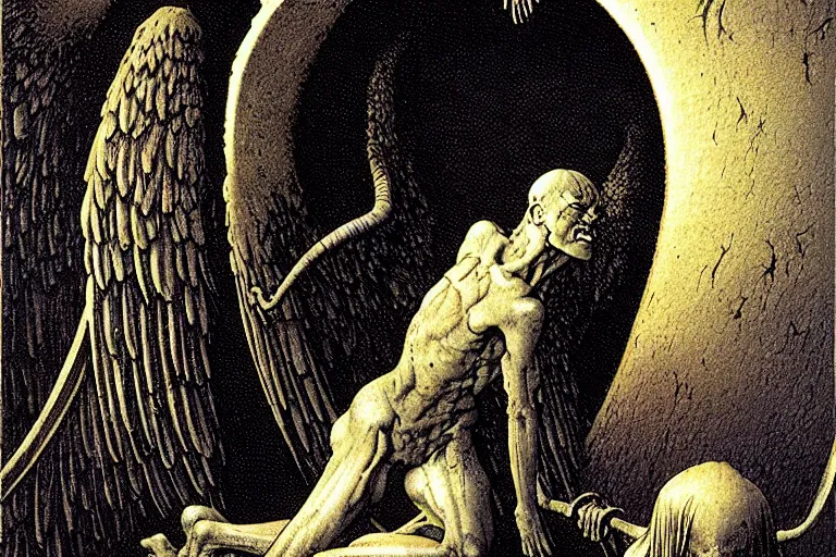 Image similar to fallen angel begs to enter the gates of hell by les edwards and moebius and hieronymus bosch