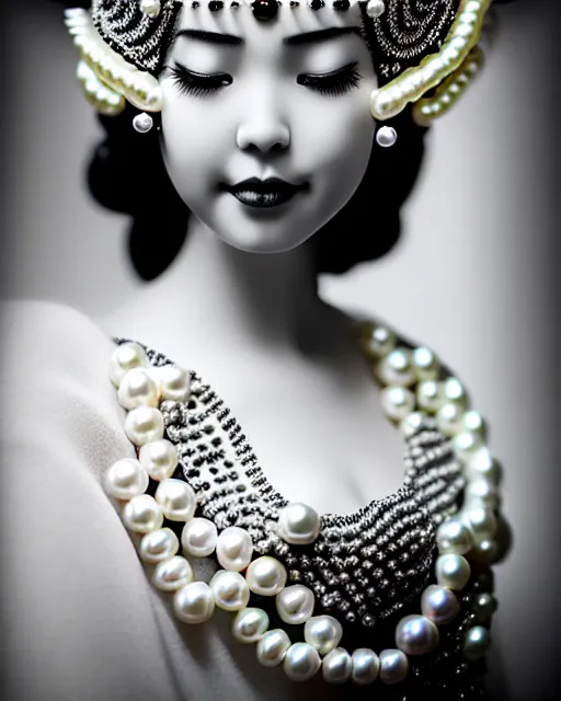 Prompt: black and white dreamy young beautiful crowned female artificial intelligence, crown is full of flowers and pearls, realistic pearl ornament in the face, long hair are intricate with highly detailed realistic pearls, cinematic, rim light, bokeh, photo - realistic, elegant, high detail, 8 k, masterpiece, photo taken in 1 9 3 0