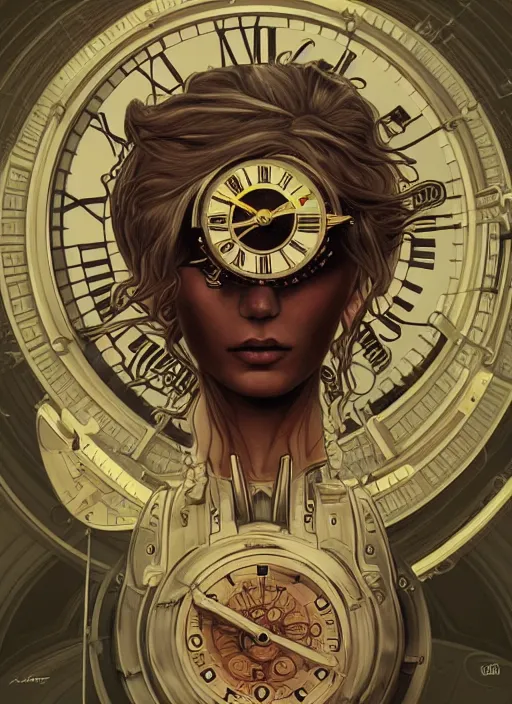 Prompt: symmetry!! portrait of clockface alien in the style of, clocks and machine face, intricate, elegant, highly detailed, digital painting, artstation, concept art, smooth, sharp focus, illustration, art by artgerm and greg rutkowski and alphonse mucha, 8 k