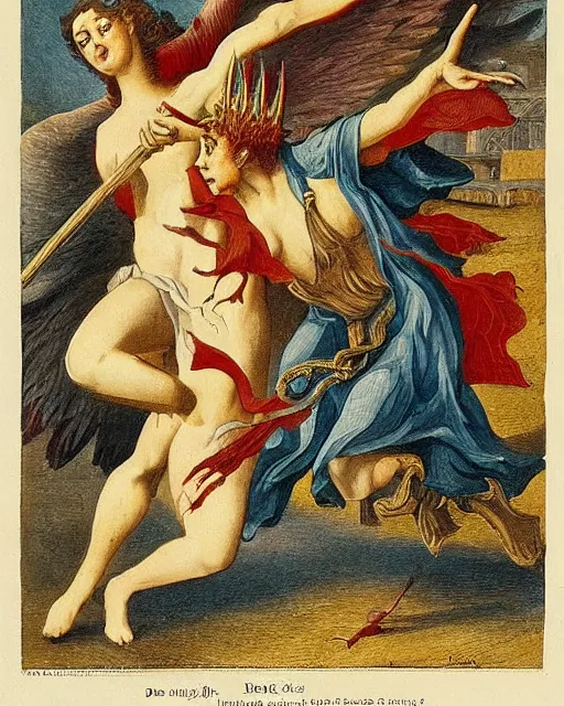 Image similar to devil fights angel, high detail, extremely detailed, very sharp, in the style of jost amman,