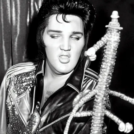 Image similar to photograph of elvis meeting aliens from another world, in alien spaceship