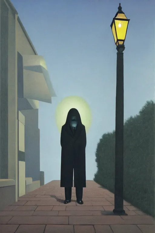 Image similar to a ghost under a streetlight at night by rene magritte, detailed painting, hd, hq, high resolution, high detail, 4 k, 8 k