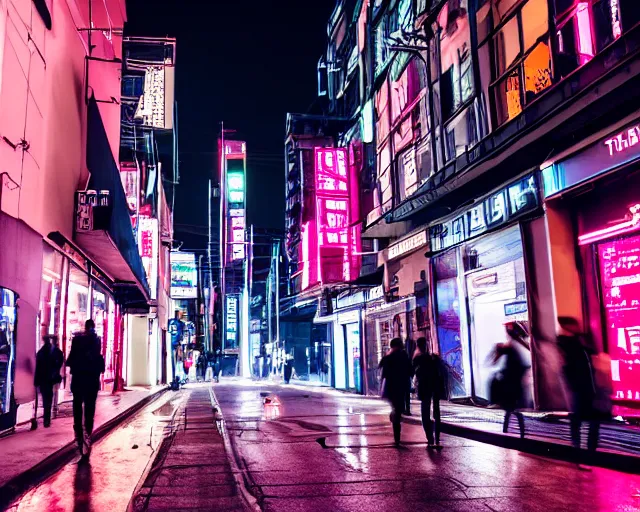 Image similar to people walking down a cyberpunk street at night