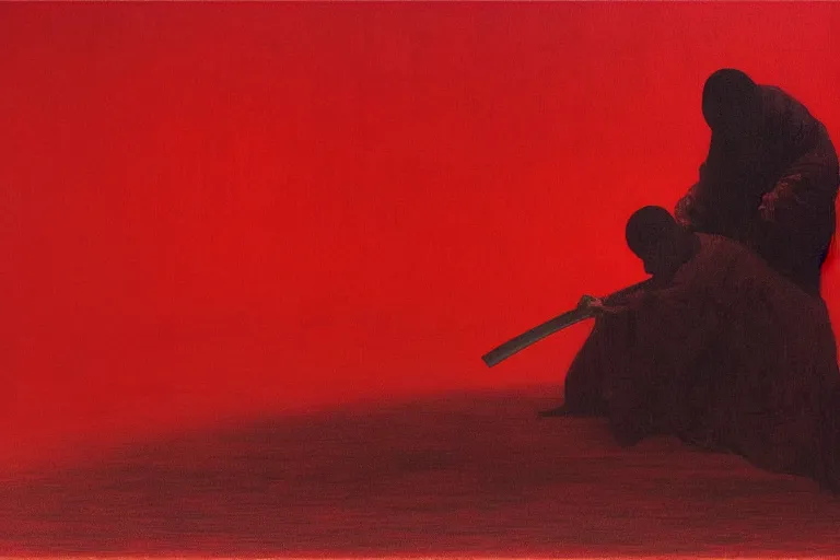 Image similar to only with red, a red samurai harakiri, tokio, a lot of frogs watch, in the style of beksinski, parts by edward hopper, parts by rodcenko, parts by yue minjun, intricate and epic composition, red by caravaggio, insanely quality, highly detailed, masterpiece, red light, artstation, 4 k