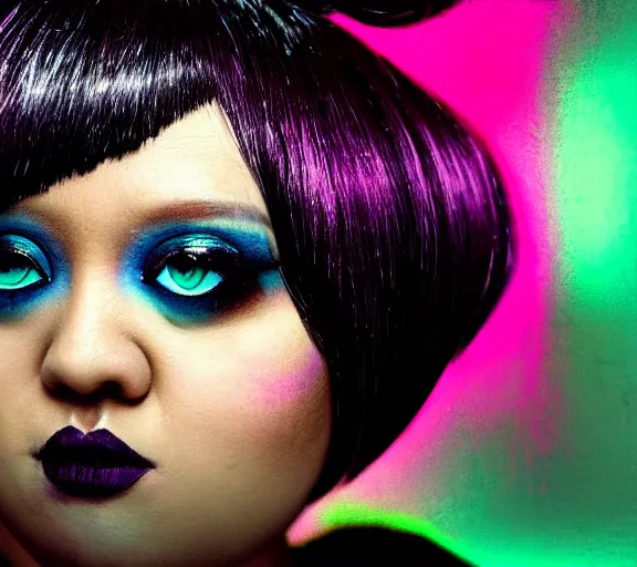 Prompt: very beautiful closeup portrait of a black bobcut hair style futuristic beth ditto in a blend of manga - style art, augmented with vibrant composition and color, all filtered through a cybernetic lens, by hiroyuki mitsume - takahashi and noriyoshi ohrai and annie leibovitz, dynamic lighting, flashy modern background with black stripes