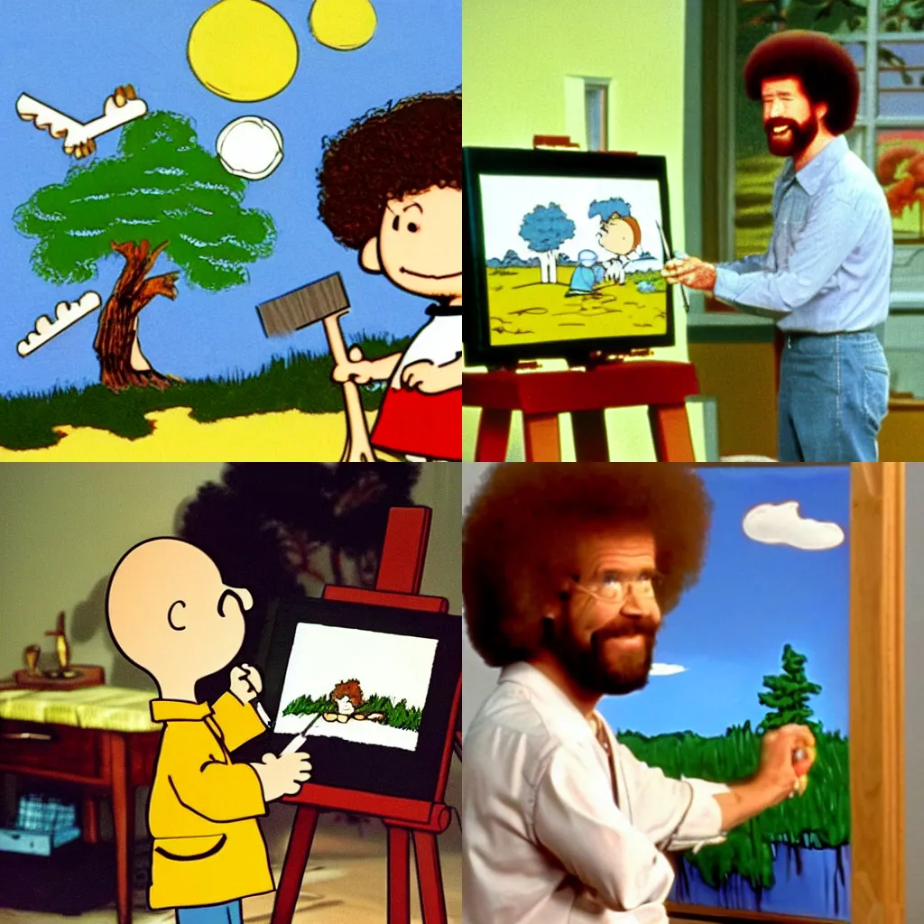 Image similar to Bob Ross painting a picture of Charlie Brown, tv show, 90s,