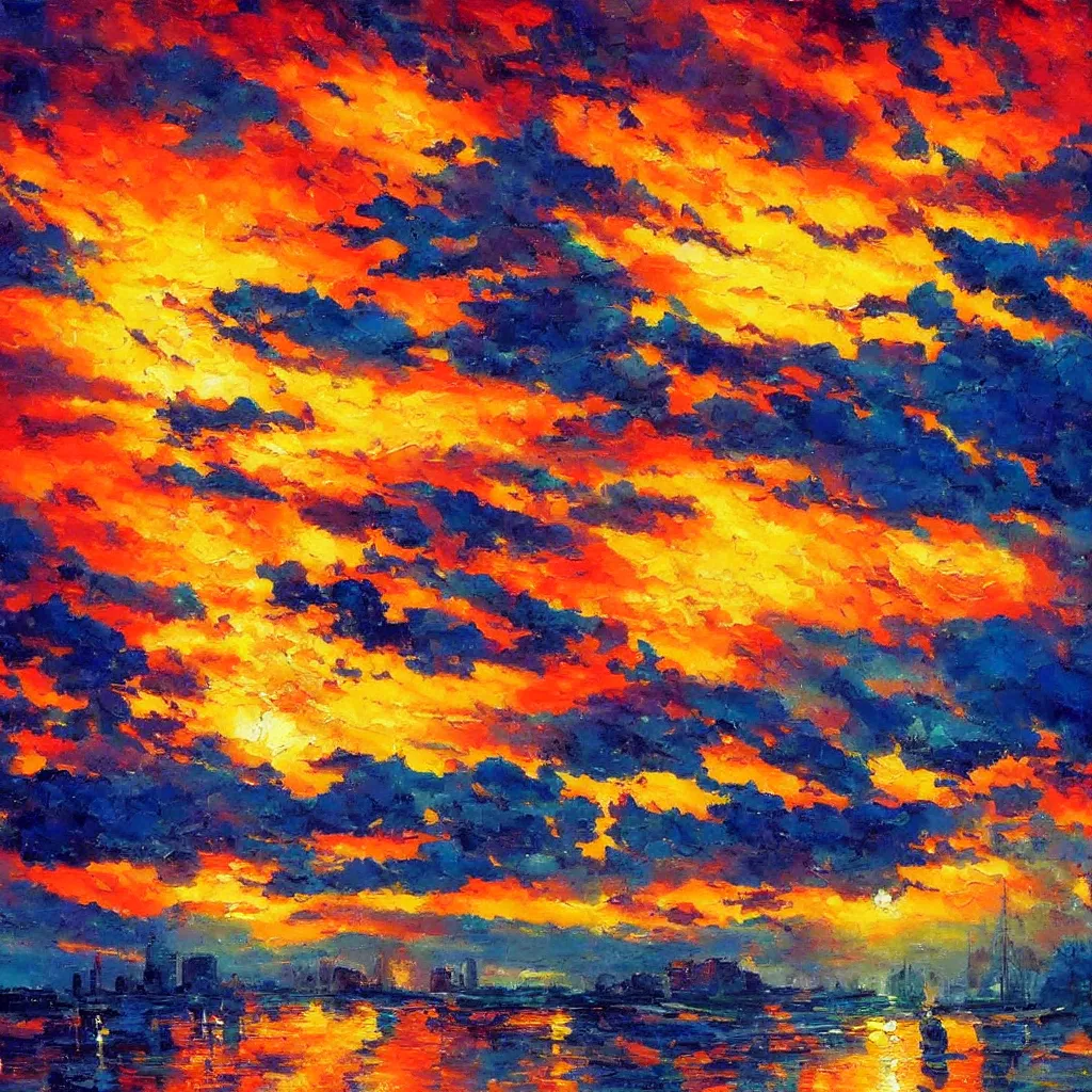 Image similar to an impasto oil painting of a stunning, colorful sunset painted by ken hong leung