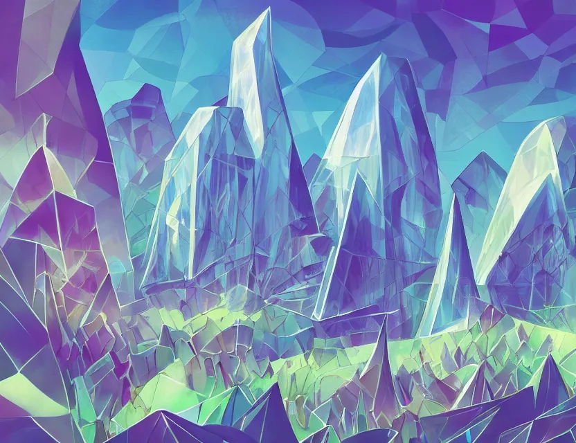 Prompt: beautiful futuristic crystal architecture with organic shapes, blooming plants growing on it. gouache, limited palette with complementary colors, by award - winning mangaka, backlighting, bold composition, depth of field.
