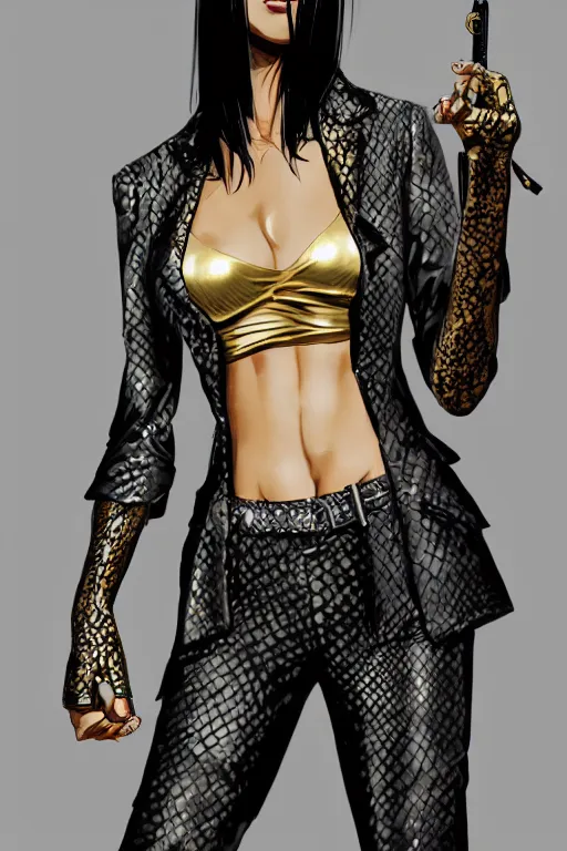 Image similar to yakuza slim girl, gold suit jacket in snake print, jacket over bare torso, yakuza tattoo on body, black short curtain haircut, black leather pants with black belt, elegant, 2d, ultra highly detailed, digital painting, smooth, sharp focus, artstation, art by Ilya Kuvshinov