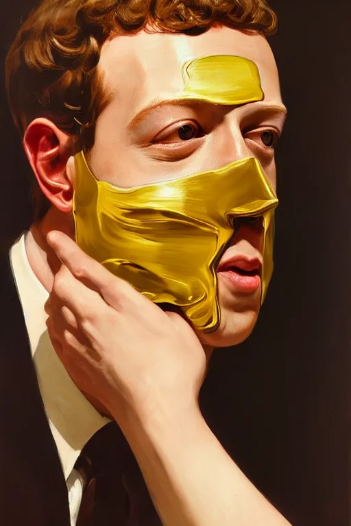 Prompt: Mark Zuckerberg peeling away his face like a mask to reveal that he’s an Android, oil on canvas, golden hour, artstation, by J. C. Leyendecker and Peter Paul Rubens,