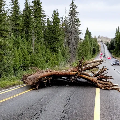 Prompt: fallen tree in highway traffic. Sasquatch Bigfoot peeking out from forest