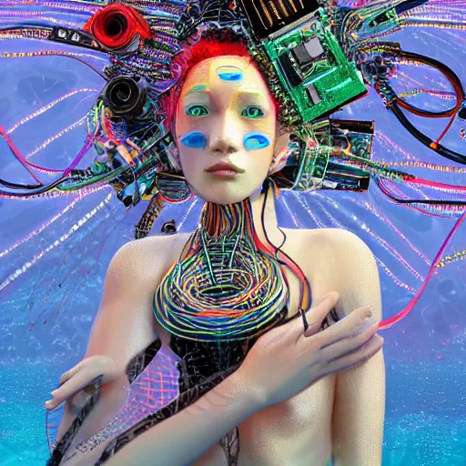 Prompt: give me a higher love, piles of modular synth cables, kawaii puerto rican goddess swimming up wearing a headpiece made of circuit boards, by cameron gray, wlop, stanley kubrick, masamune, hideki anno, jamie hewlett, unique perspective, trending on artstation, 3 d render, vivid