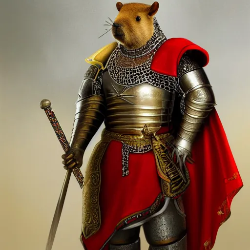 Image similar to detailed photorealistic painting of a capybara, wearing a detailed ornamented gold crown with diamonds, in a medieval knight armor with red cape, standing in front of a detailed castle, sharp focus in the style of ruan jia, Mandy jurgens, cinematic light, concept art, trending on artstation, ultra realistic