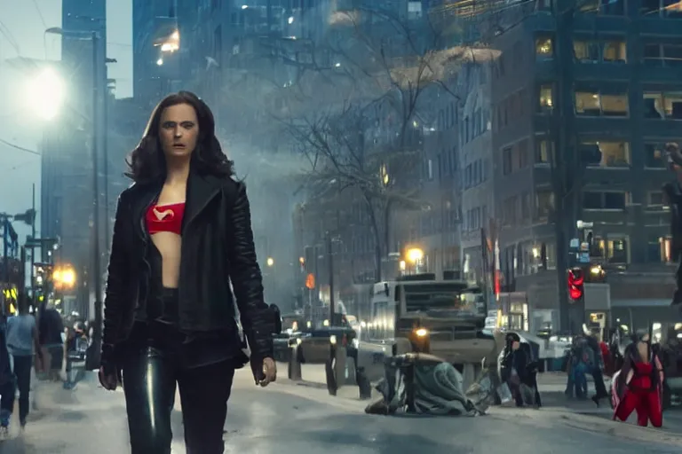 Prompt: movie superhero team, DC vs Marvel fashion, VFX powers at night in the city, city street, beautiful skin, natural lighting by Emmanuel Lubezki