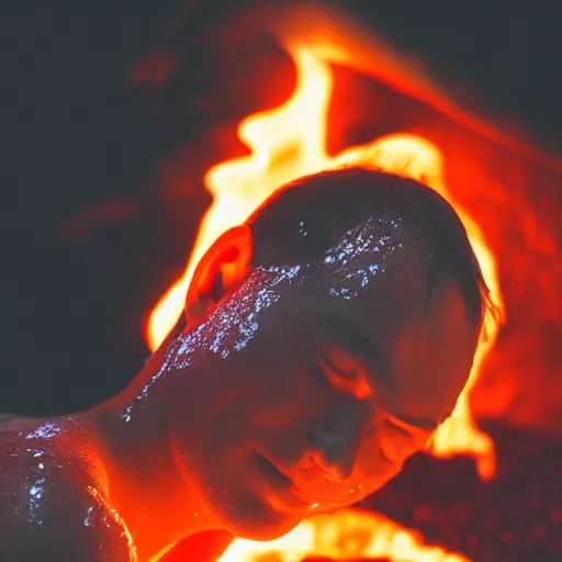 Image similar to a person bathing in lava, portrait photograph