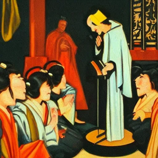 Prompt: a realistic oil painting of baby priest giving orders to its congregation of followers. art deco style mixed with retro japanese book art