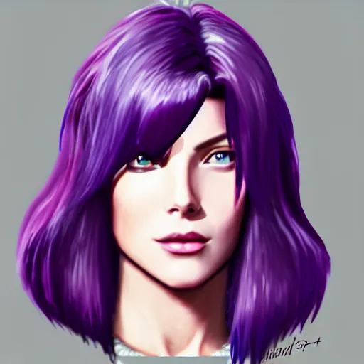 Prompt: A combination of Grace Kelly's and Katheryn Winnick's and Ashley Greene's faces with short violet hair as Motoko Kusanagi from Ghost in The Shell, cyberpunk style, synthwave aesthetic, fantasy, intricate, elegant, highly detailed, digital painting, artstation, concept art, matte, sharp focus, illustration, half body portrait, art by Artgerm and Greg Rutkowski and Alphonse Mucha