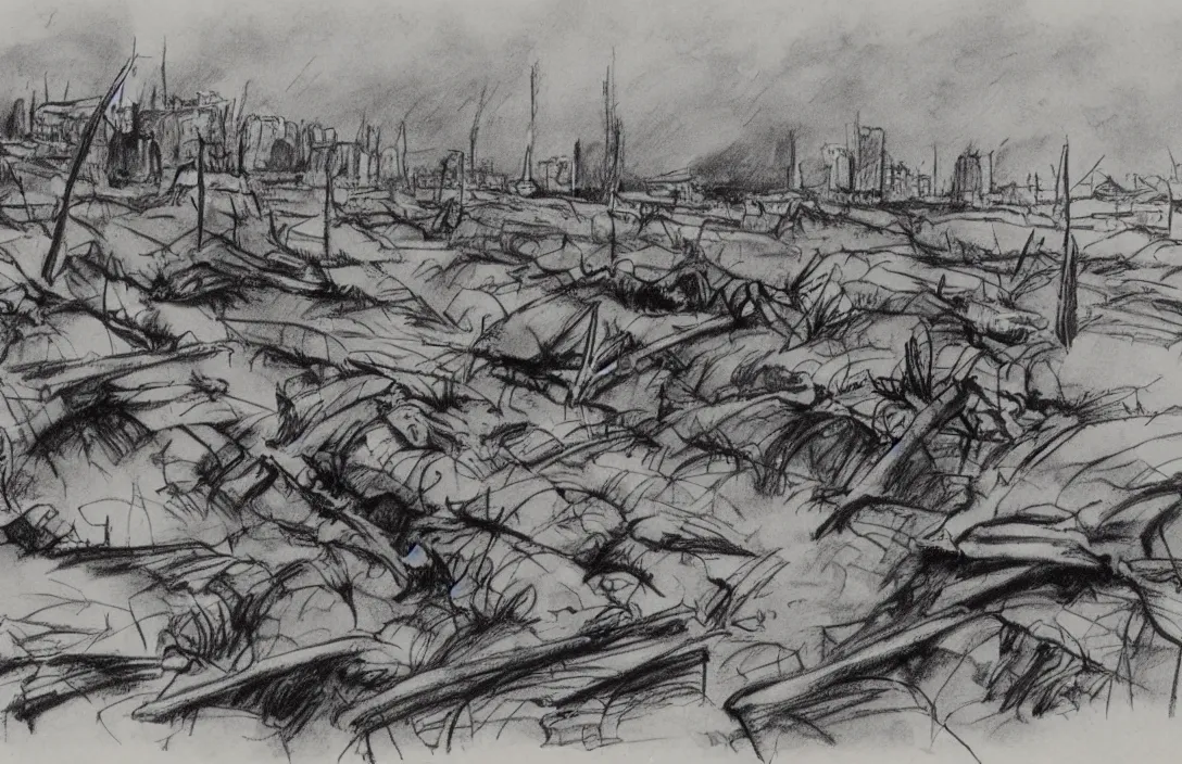 Image similar to milt kahl sketch of world war 1 trenches with the city of miami in the background