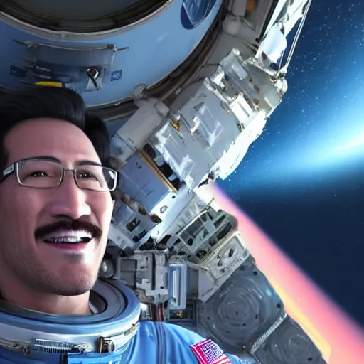 Image similar to Evil Markiplier looking out of the window of the International Space station with a smile on his face. Devilish markiplier unreal engine imagery with markiplier. Digital art from Nasa, trending on art station, created by beeple, complementary of the International Space Station.