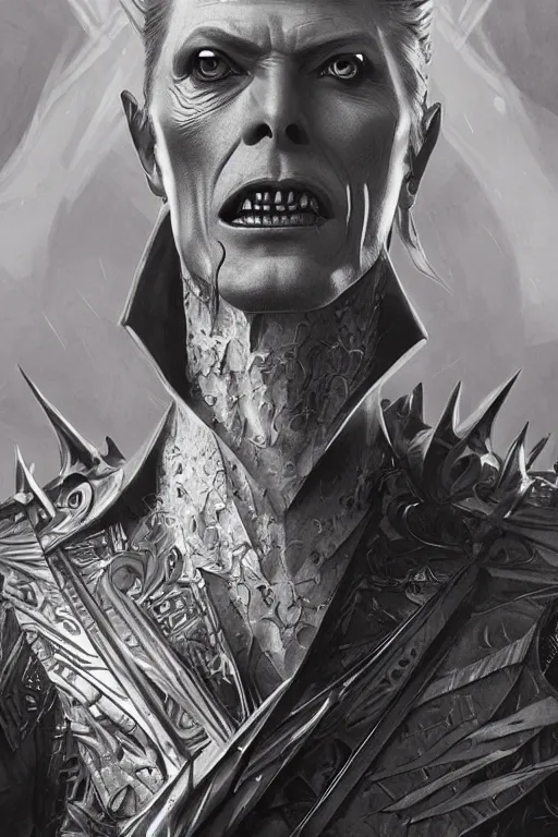 Image similar to ultra realistic illustration, vampire king david bowie from diablo and baldurs gate, intricate, elegant, highly detailed, digital painting, artstation, concept art, smooth, sharp focus, illustration, art by artgerm and greg rutkowski and alphonse mucha