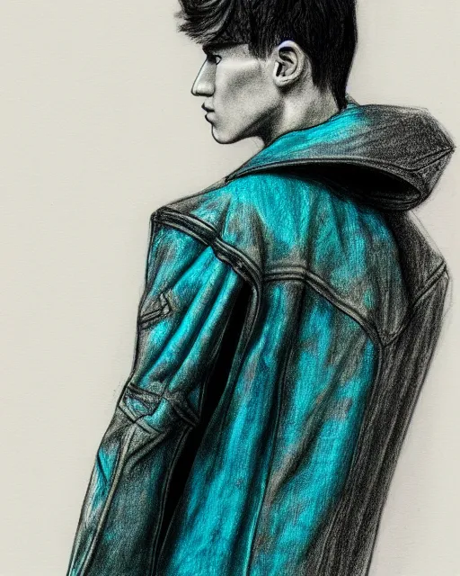 Prompt: pencil sketch of a male model wearing a baggy teal distressed medieval menswear motorcycle jacket by issey miyake, 4 k, studio lighting, wide angle lens