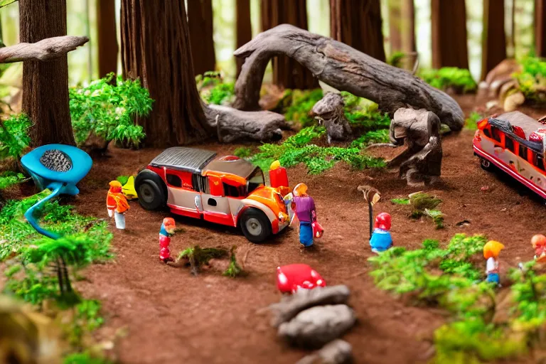 Prompt: fisher price redwood forest, california scene from tv show hyper detailed 5 5 mm 8 5 mm, toy photography, plastic coated