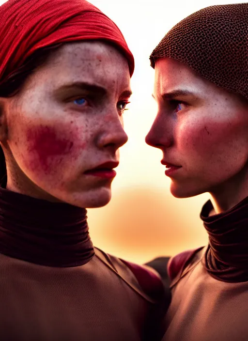 Image similar to cinestill 5 0 d photographic portrait by steve mccurry of two loving female androids wearing rugged black mesh techwear on a desolate plain with a red sky, extreme closeup, cyberpunk style, dust storm, 8 k, hd, high resolution, 3 5 mm, f / 3 2, ultra realistic faces, ex machina