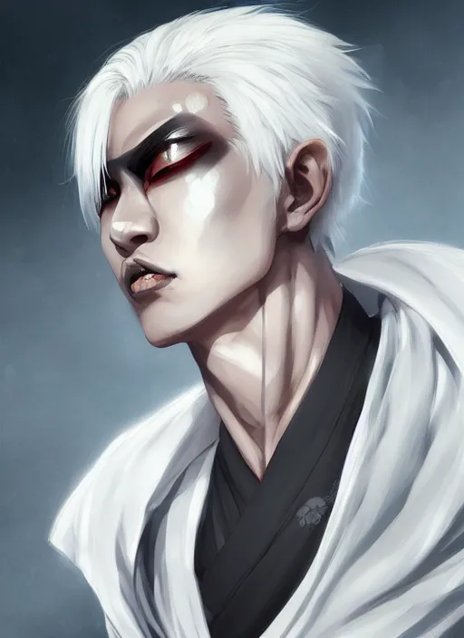 Image similar to a highly detailed illustration of fierce short white haired attractive young japanese man wearing white hakama, black sclera! eyes, dramatic pose, muscular, intricate, elegant, highly detailed, centered, digital painting, artstation, concept art, smooth, sharp focus, league of legends concept art, wlop