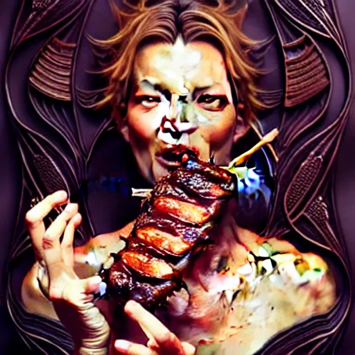 Image similar to Grotesque portrait of kate moss eating a rack of ribs slathered in bbq sauce, art nouveau, fantasy, intricate flower designs, elegant, highly detailed, sharp focus, art by Artgerm and Greg Rutkowski and WLOP