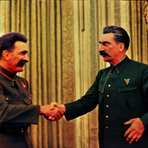 Image similar to color photo of stalin and trump shaking hands, award winning photo, 3 5 mm camera