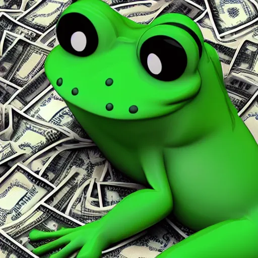 Prompt: A girl in a frog costume is drowning in money real render