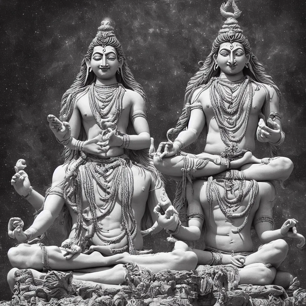 Image similar to lord shiva, meditating, fine details, perfect face, galaxy, indian temple, photorealism, octane render, subtle shadows, hyper detailed