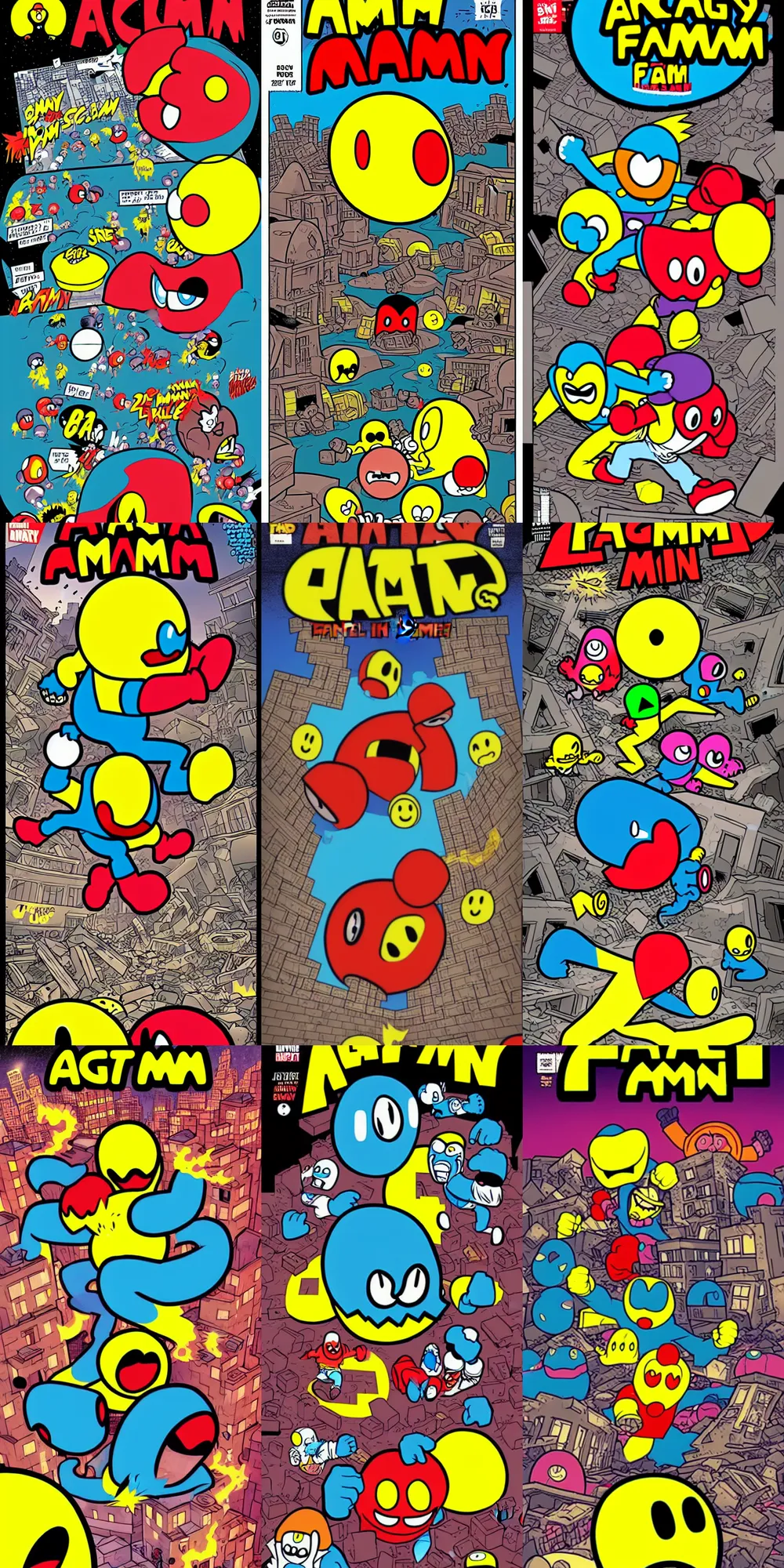 Prompt: angry giant pacman fight people in ruined city, a comics cover