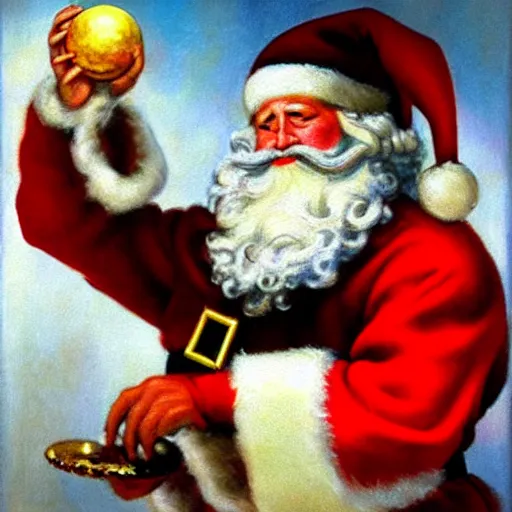 Image similar to an ultra - realistic portrait painting of santa claus holding a snowglobe in the style of frank frazetta. 4 k. ultra - realistic. highly detailed. dark fantasy. epic lighting.