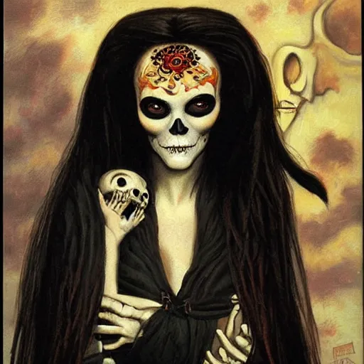 Prompt: ginger woman with skull facepaint and golden eyes, gothic, alphonse much and gerald brom