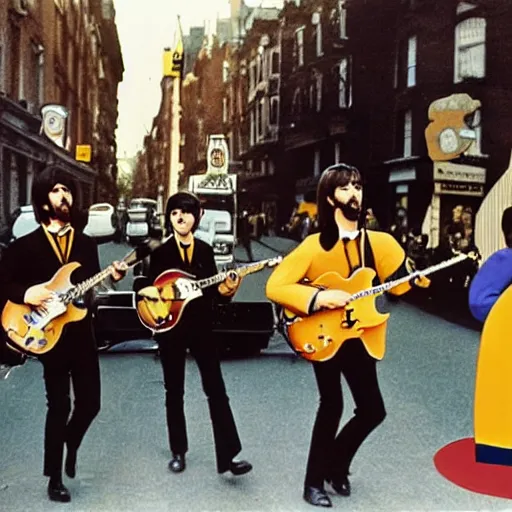 Prompt: the beatles performing yellow submarine on the street