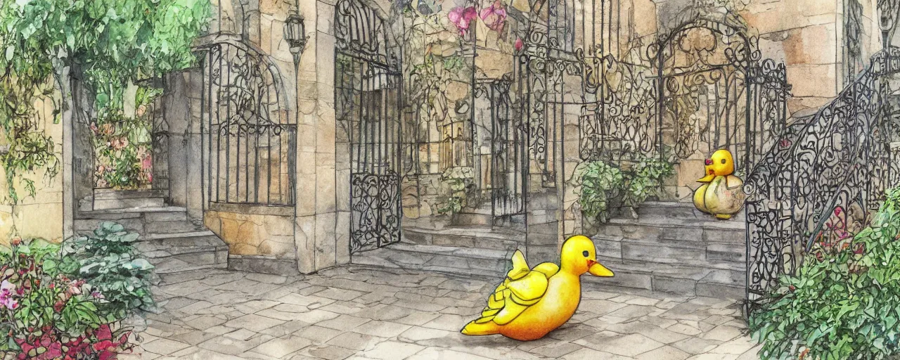 Image similar to courtyard walkway, rubber duck at center, castle, stairway, chairs, wrought iron, gate, botanic garden, botanical herbarium paper, watercolor colored painting, iridescent colors, realistic shaded, fine, artstation, italian style, colonnade ornate headdress, craving, carved, insanely detailed